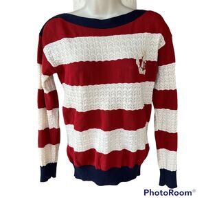 E Land American Classic Nautical Striped Knit Sweater Red Cream Navy Boat Neck